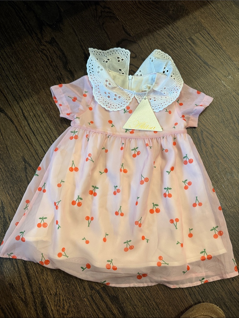 Girls Pink Cherry Print Dress with Eyelet Collar